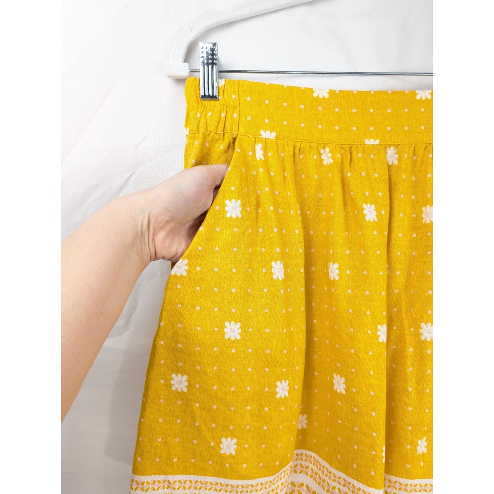 Daisy Polka Dot Linen Mini Skirt Size S Butter Yellow Pockets Preppy Beach Twee - Picture 2 of 9